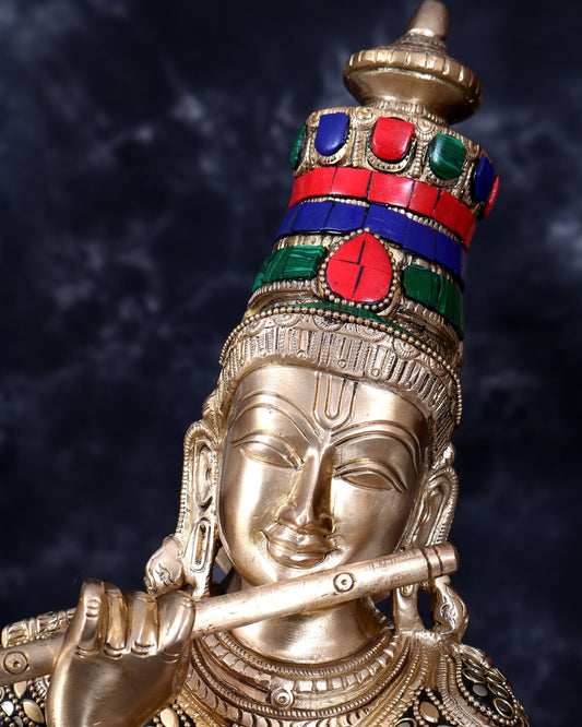Brass Krishna Statue with Rings and Stonework 23 inch - Budhshiv.com