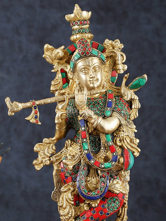 Brass Krishna Statue with Semi - Precious Stones – 18" Height, Fine Quality - Budhshiv.com