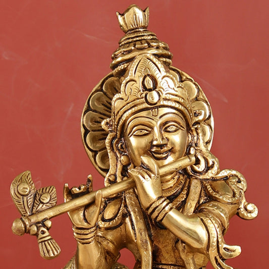 Brass Krishna with Cow and peacock idol 13" - Budhshiv.com