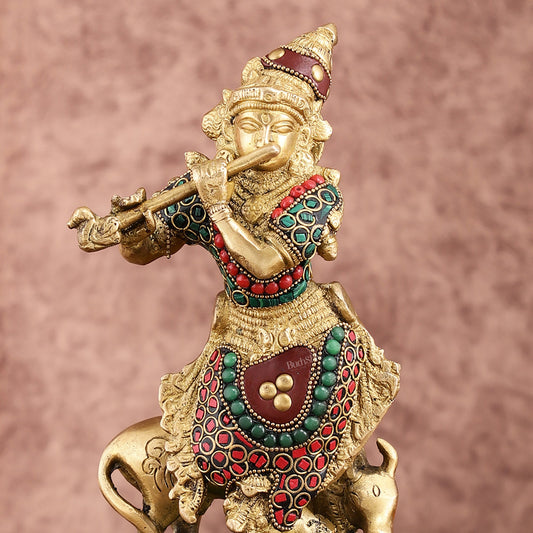 Brass Krishna with Cow on Round Pedestal - Venugopala Murthy | 10.5" stonework - Budhshiv.com