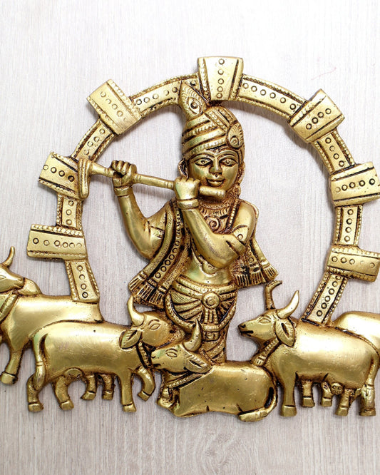 Brass Krishna with Cows Wall Hanging 11.5 inch - Budhshiv.com