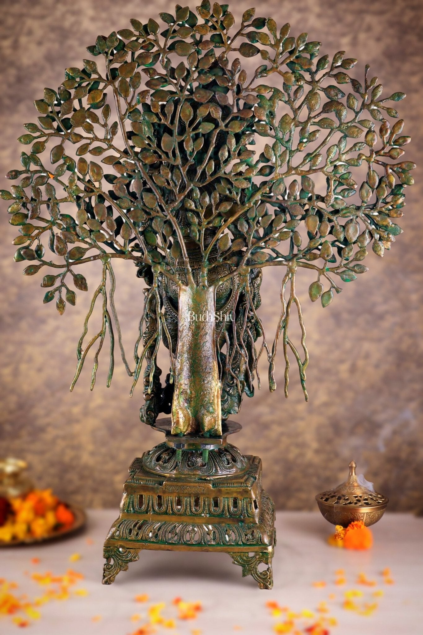 Brass Krishna with Kalpavriksha tree statue - 35" bronze tone antique - Budhshiv.com