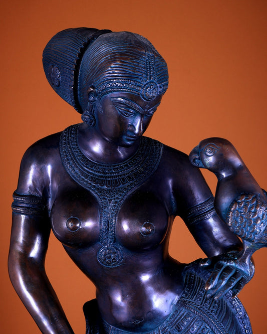 Brass Lady Holding Parrot – Chola Style, 36 Inch - Budhshiv.com