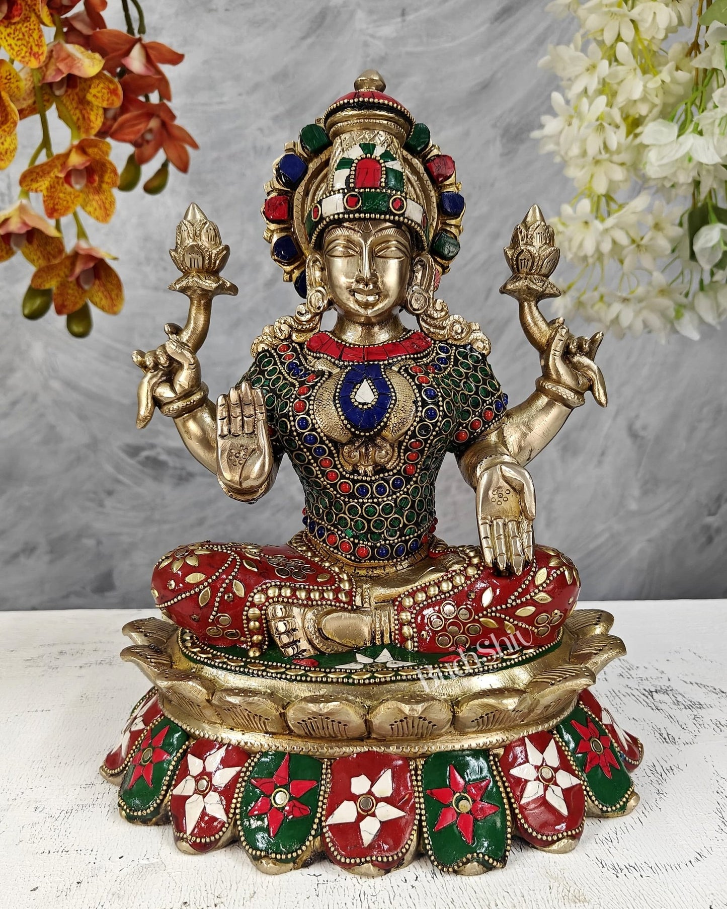Brass Lakshmi Ganesha Idol Pair on Lotus – Highly Detailed Divine Set (12 Inches) with stonework - Budhshiv.com