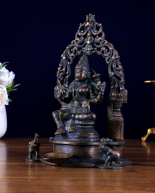 Brass Lakshmi idol with Attached Diya & Prabhavali - Budhshiv.com