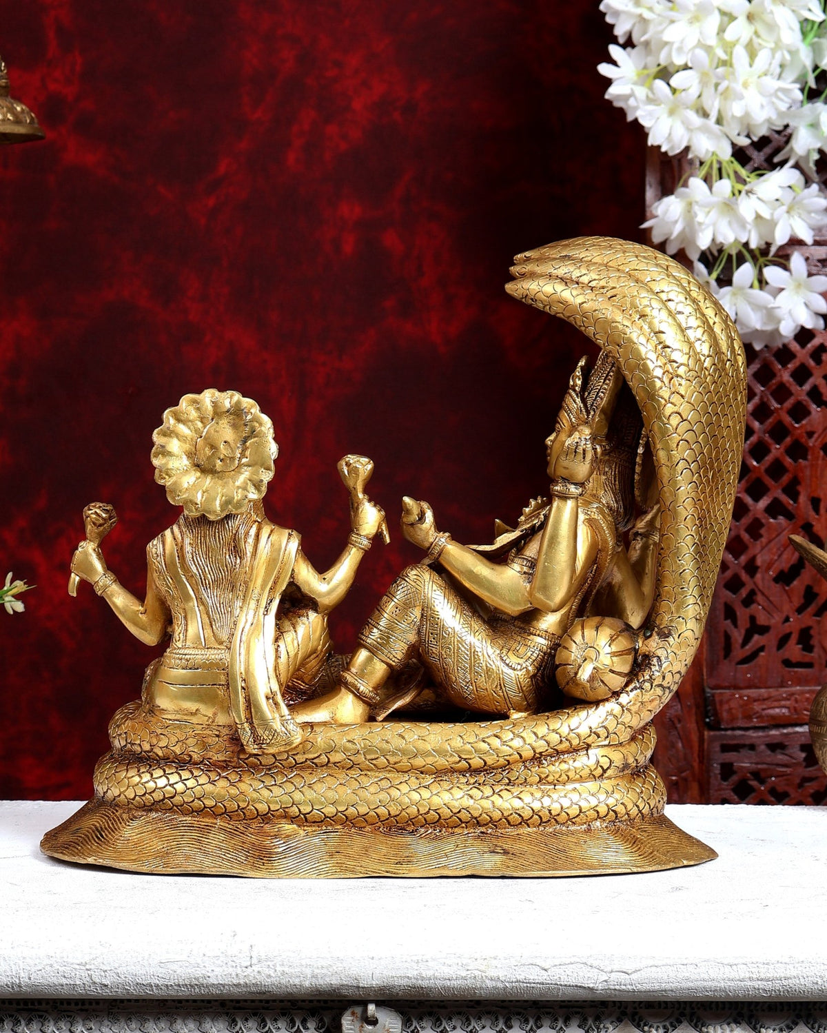 Brass Lakshmi Narayan Under Sheshnaag Statue – Auspicious Divine Idol 12 inch - Budhshiv.com