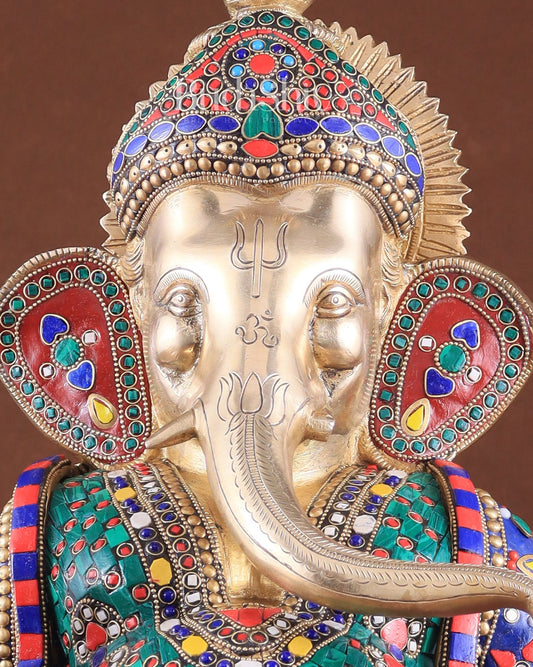 Brass Large 18 - Inch Lord Ganesha Statue with Meenakari Stonework - Budhshiv.com