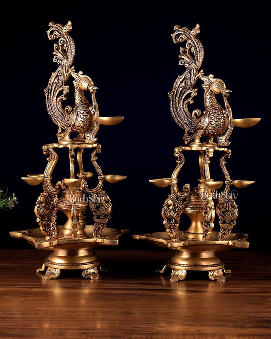 Brass Large Annampakshi Diya Samai Oil Lamps pair – Multiple Wicks 18 inch - Budhshiv.com