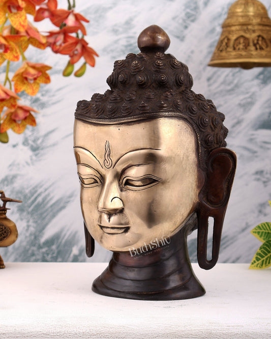 Brass Large Buddha Face Sculpture – Dual Tone Buddha Head Décor (13 Inches) - Budhshiv.com