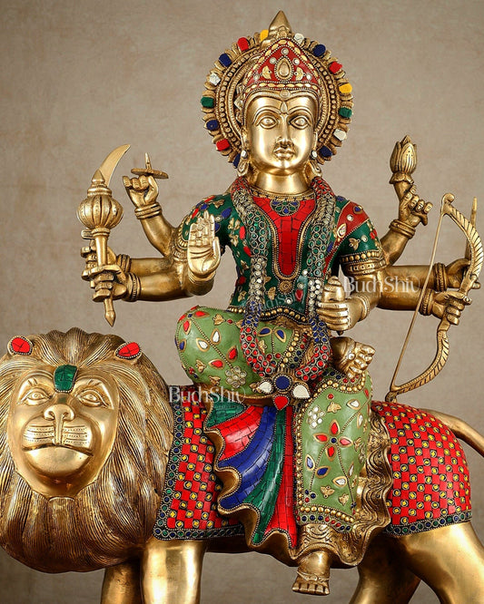 Brass large Durga ma ambe Statue – 24 Inches, Meenakari Stonework - Budhshiv.com