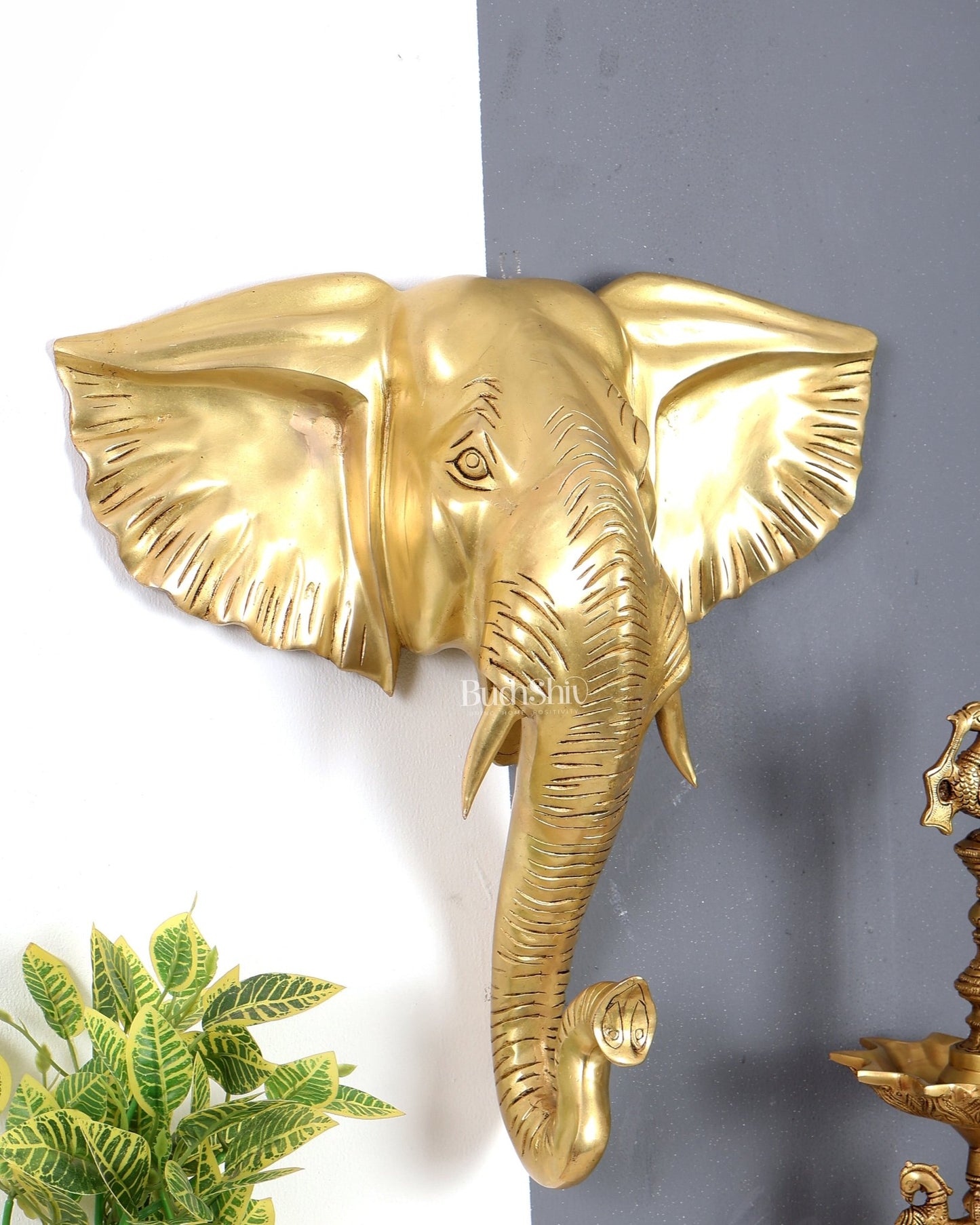 Brass Large Elephant Face Wall Hanging Mural – Handcrafted Luxury Home Décor Golden tone 18.5 inch - Budhshiv.com