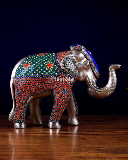 Brass Large Elephant Statue with Stonework – Majestic Statement Artefact 16.5 inch - Budhshiv.com