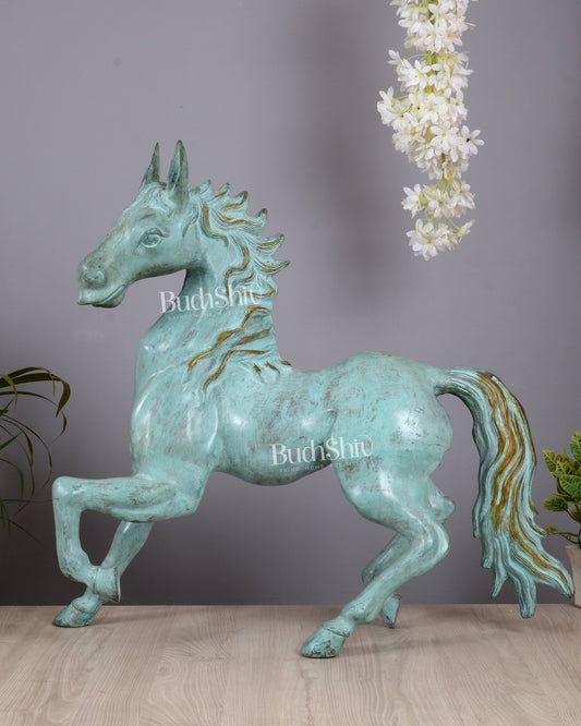 Brass Large Galloping Horse Sculpture | Aqua Blue Tone Patina 30 inch - Budhshiv.com