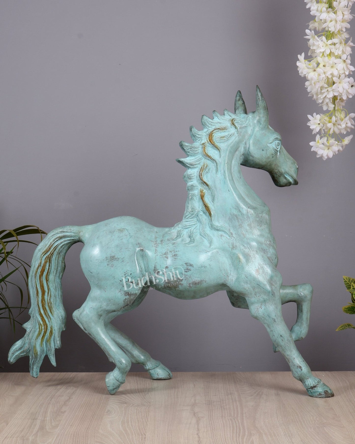 Brass Large Galloping Horse Sculpture | Aqua Blue Tone Patina 30 inch - Budhshiv.com
