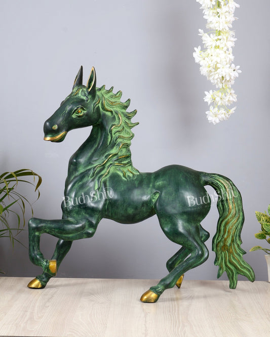 Brass Large Galloping Horse Sculpture | Candy Green Patina Finish 30 inch - Budhshiv.com