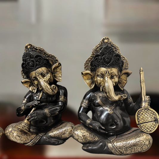Brass Large Ganesha Music Set idols 12 inch Showpieces - Budhshiv.com