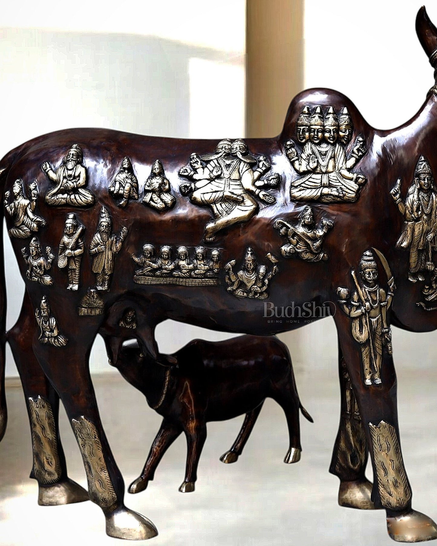 Brass Large Kamadhenu Cow with Calf – 53" - Budhshiv.com