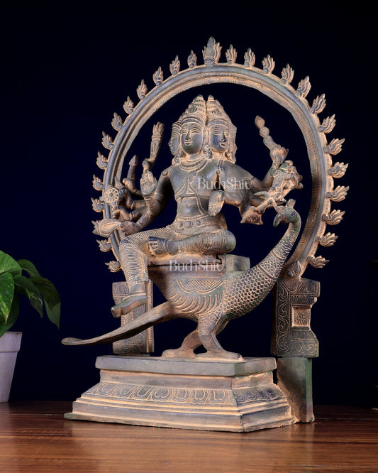 Brass Large Kartikeya shanamurugan with 6 heads statue 17" - Budhshiv.com