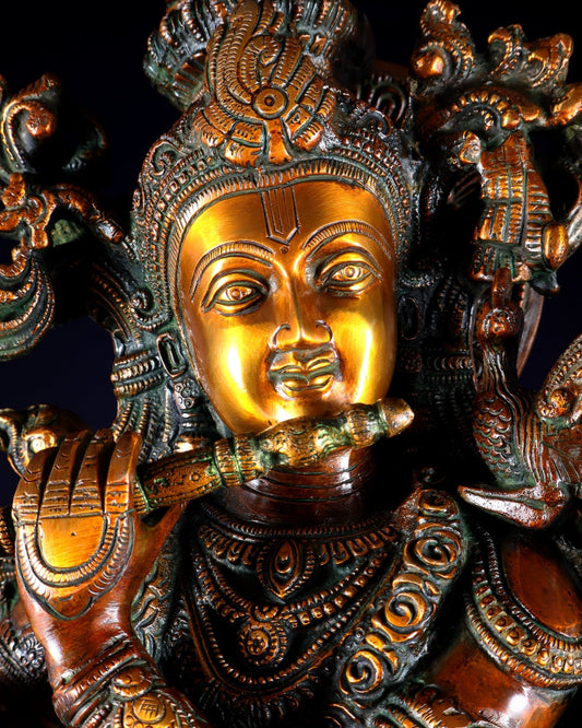 Brass large Krishna with cow statue 28" double chola tone - Budhshiv.com
