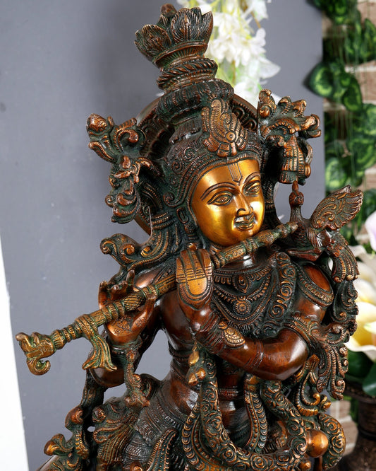 Brass large Krishna with cow statue 29 inch Antique bronze tone - Budhshiv.com