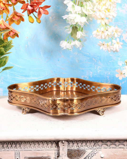 Brass Large Multipurpose Tray – Lightweight Antique Tone Decorative Serving Tray (15.5 Inches) - Budhshiv.com