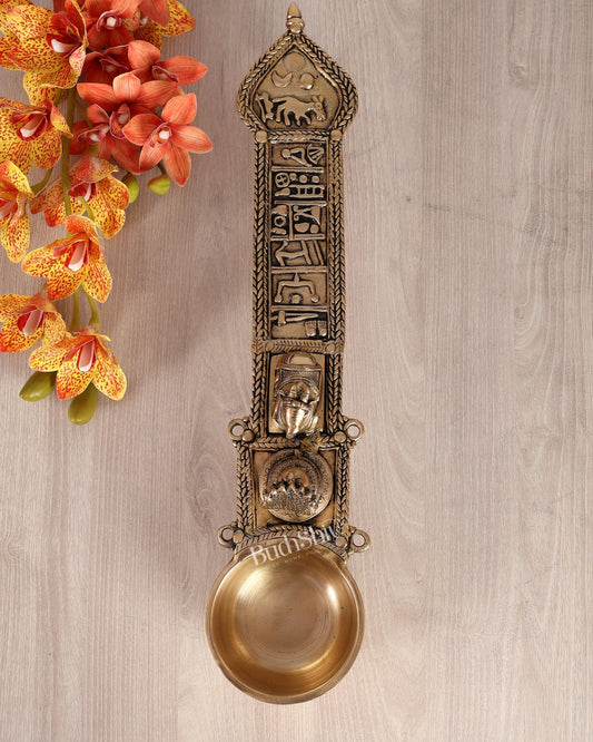 Brass Large Nandi Havan Spoon with Shiva Lingam – Handcrafted Vedic Ritual Collectible - Budhshiv.com
