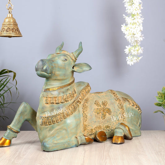 Brass Large Nandi statue green finish | 33" - Budhshiv.com