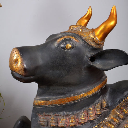 Brass Large Nandi statue Ink Black and Golden finish |33" - Budhshiv.com
