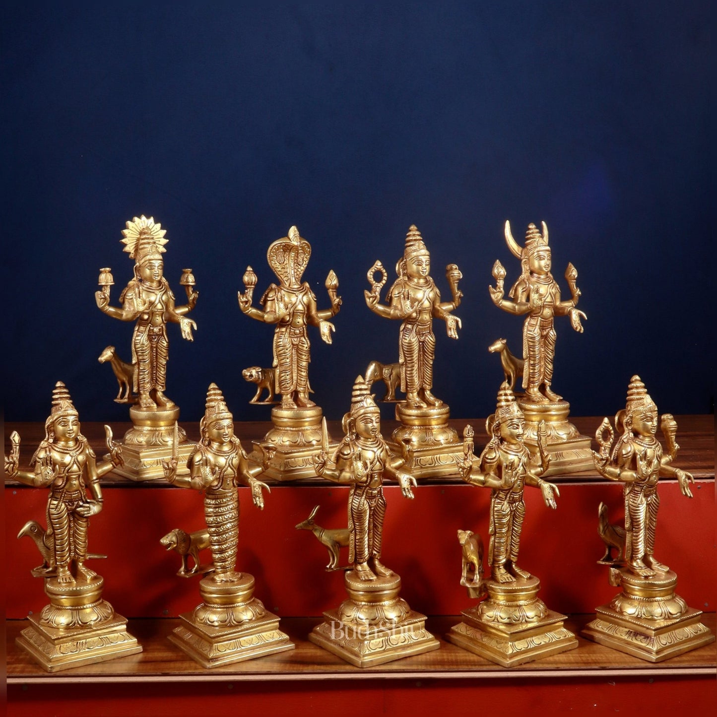 Brass Large Navagraha Idol Set – 9 Hindu Planets with Superfine Carvings, 12 inch - Budhshiv.com