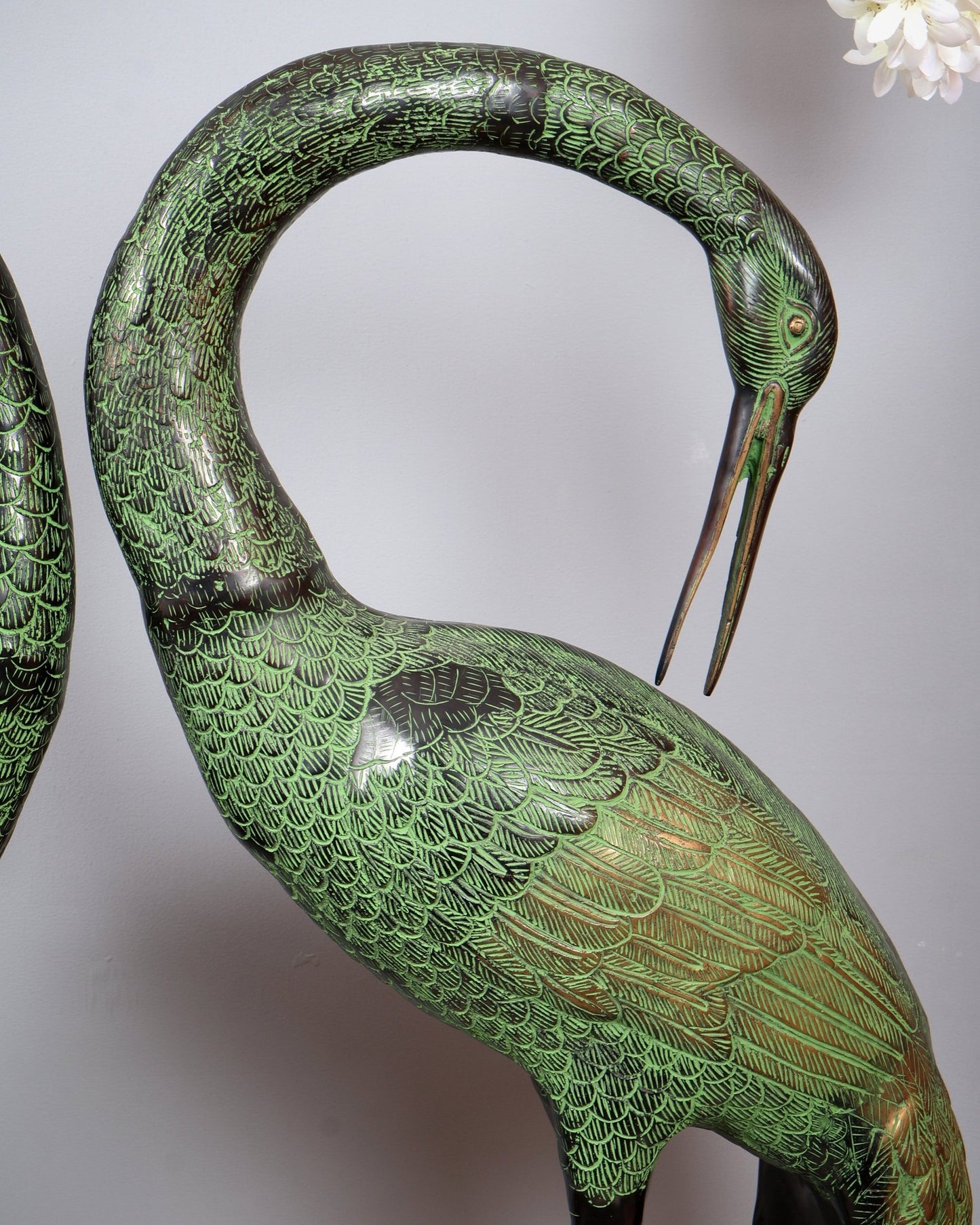 Brass Large Pair of birds Heron/Cranes Garden Statues – Antique Black & Green Patina 60" - Budhshiv.com