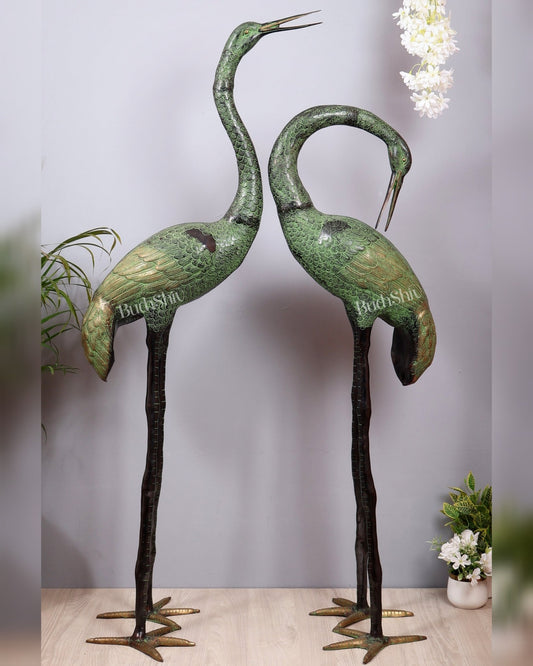 Brass Large Pair of birds Heron/Cranes Garden Statues – Antique Black & Green Patina 60" - Budhshiv.com