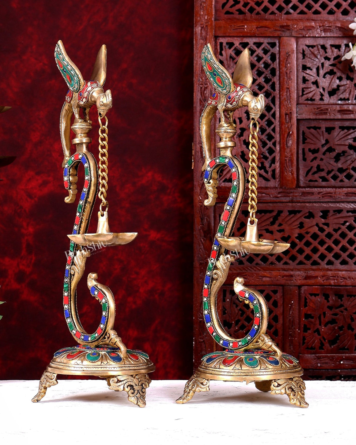 Brass Large Parrot Oil Lamp Diya Vilakku | 17 Inch with stonework - Budhshiv.com