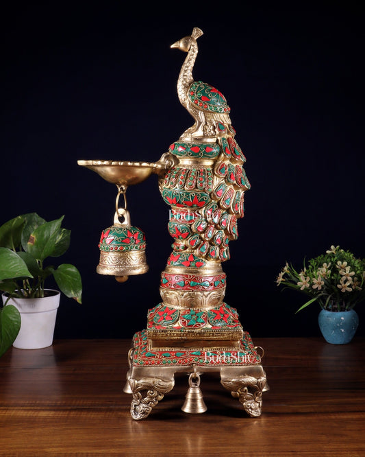 Brass Large Peacock Diya with Meenakari Stonework | 19 - Inch Traditional Oil Lamp pair - Budhshiv.com
