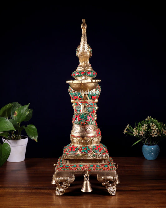 Brass Large Peacock Diya with Meenakari Stonework | 19 - Inch Traditional Oil Lamp - Budhshiv.com