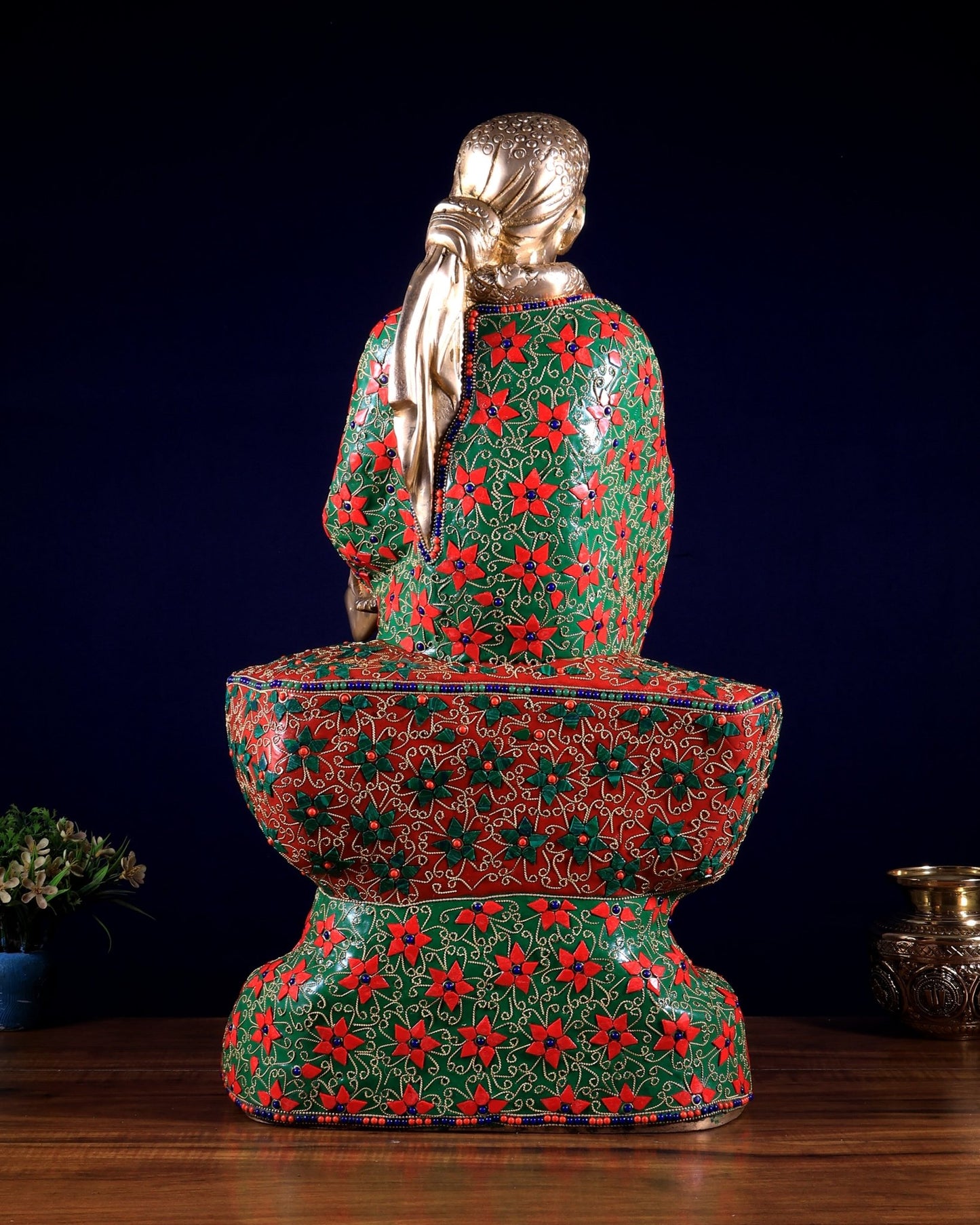 Brass large Shirdi Sai Baba Statue 24" floral stonework - Budhshiv.com