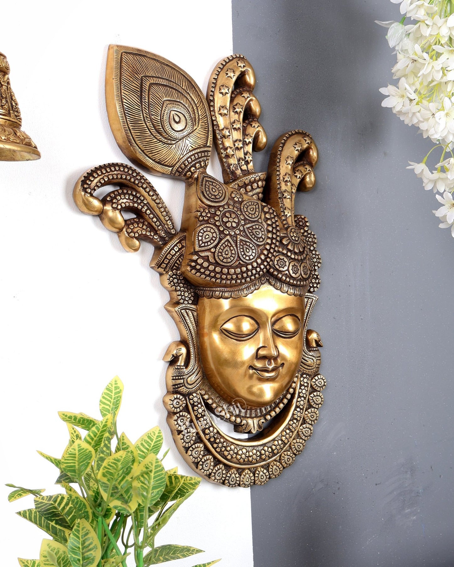 Brass Large Shrinath Ji Face Wall Hanging – Handcrafted Divine Temple Wall Décor 24 inch - Budhshiv.com