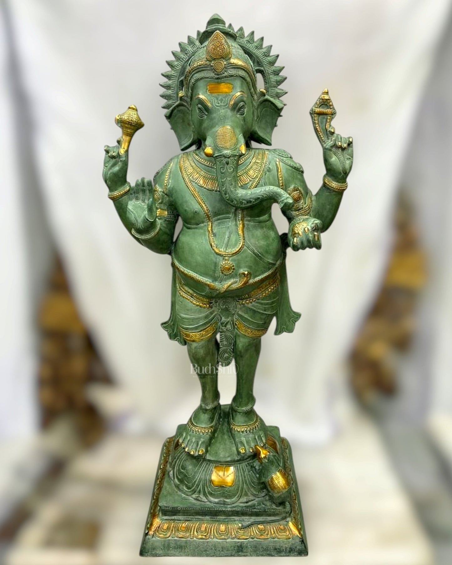 Brass Large Standing Ganesha Statue – Green Patina Finish 51" - Budhshiv.com