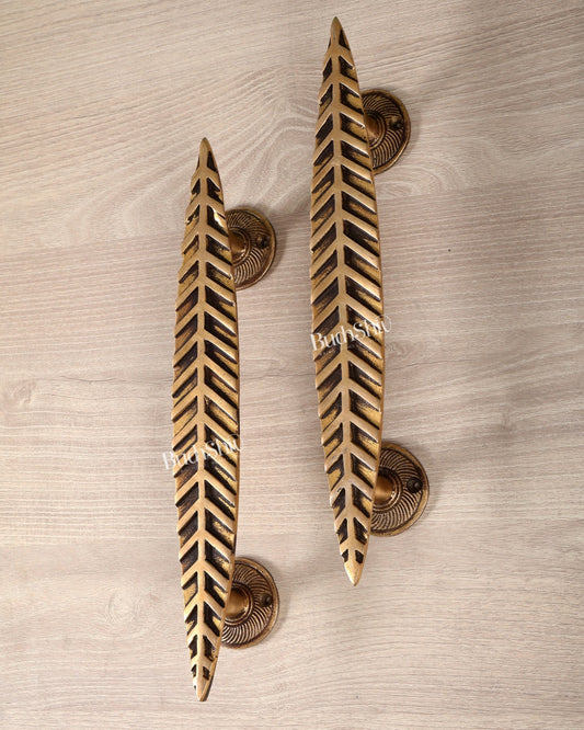 Brass Leaf Design Door Handle Pair – 12 Inch Decorative Entrance Pull Handles (Set of 2) - Budhshiv.com