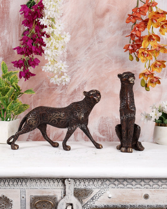 Brass Leopard Pair Sculpture – Unique Finish Handcrafted Decorative Showpiece (14 Inches Width) - Budhshiv.com