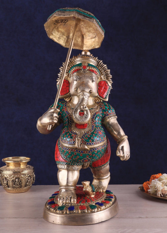 Brass Lord Ganesha Holding Umbrella Statue with Meenakari Stonework – 24 Inch - Budhshiv.com