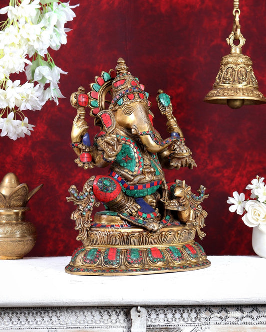Brass Lord Ganesha Idol - 16 Inch with stonework - Budhshiv.com