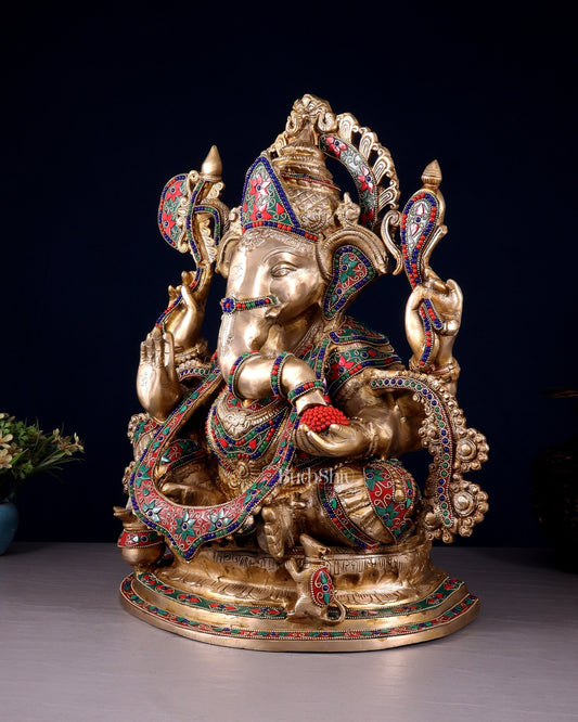 Brass Lord Ganesha Idol with Floral Stonework 19.5" - Budhshiv.com