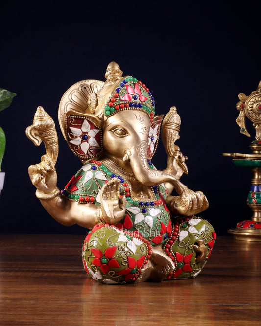 Brass lord Ganesha Idol with Sharp Features - 8 Inch - Budhshiv.com