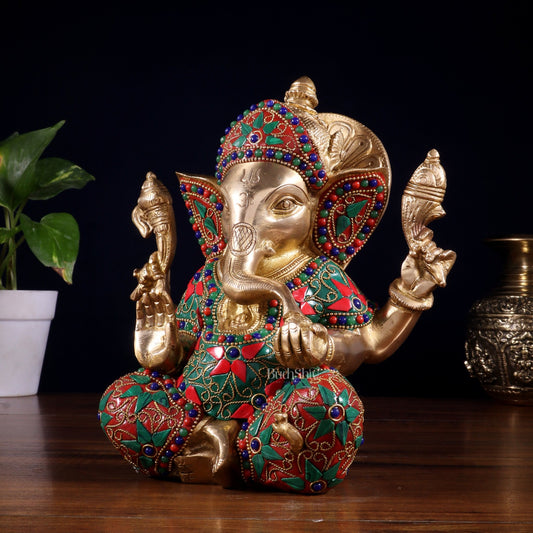 Brass lord Ganesha Idol with Sharp Features - 8 Inch - Budhshiv.com
