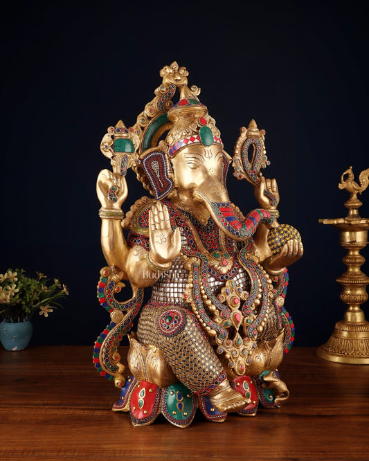 Brass Lord Ganesha large idol 21" with unique meenakari - Budhshiv.com