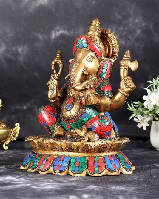 Brass Lord Ganesha on Lotus Idol - 12 Inch - Budhshiv.com
