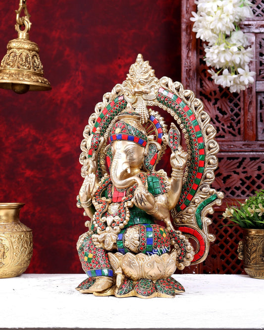 Brass Lord Ganesha on lotus throne with Prabhavali and stonework 15 inch - Budhshiv.com