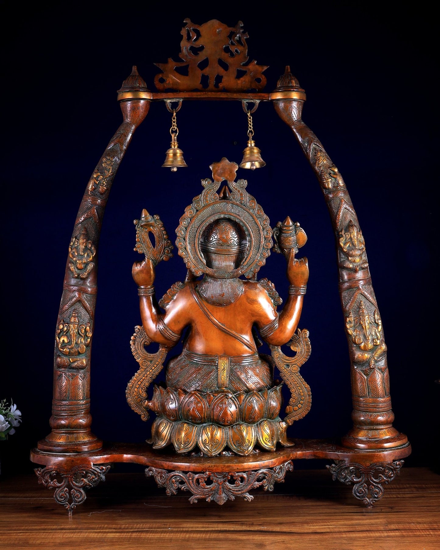 Brass Lord Ganesha Sculpture with Engraved temple Pillars - 35 Inch - Budhshiv.com