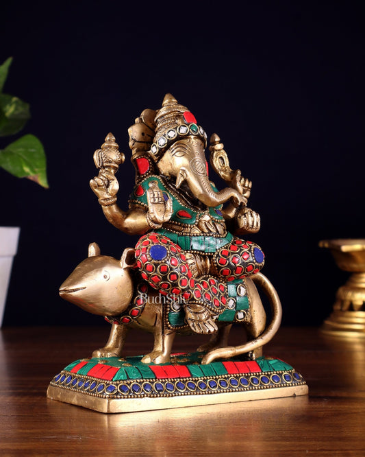 Brass Lord Ganesha Sitting on mooshak Idol | Height 7 inch - Budhshiv.com