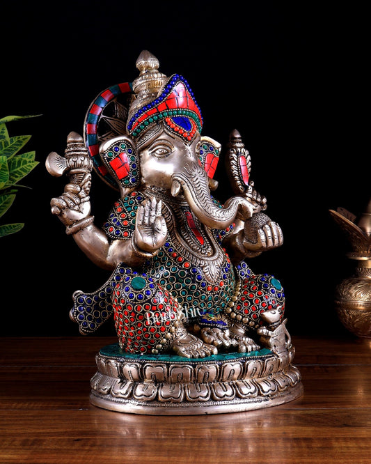 Brass Lord Ganesha Statue - 12.5 Inch Stonework - Budhshiv.com